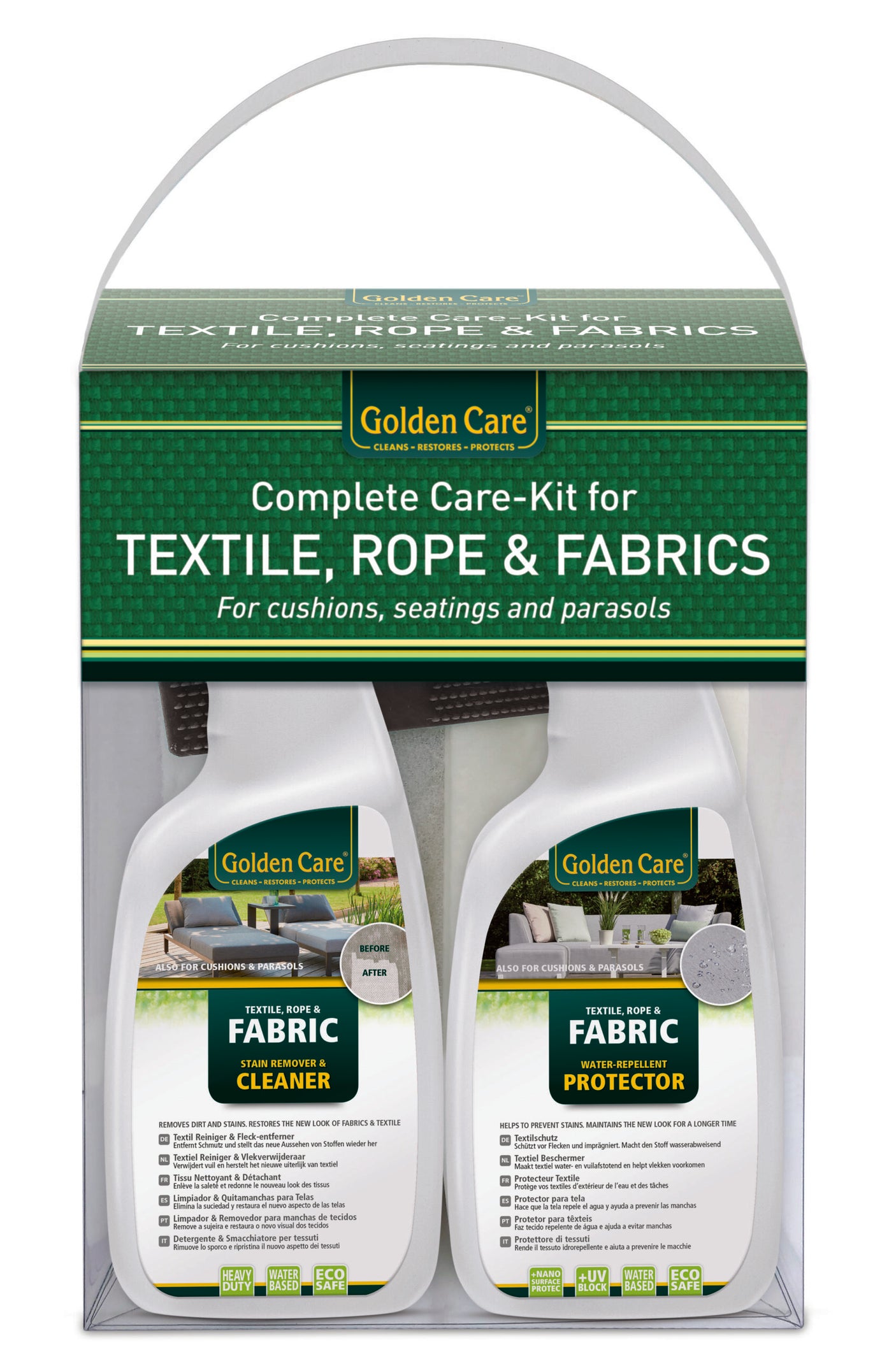 Komplettes Textil Reinigung- und Pflegeset (Protector + Cleaner) 2x 750ml für alle Textilien, Rope und Gewebe