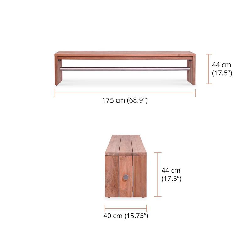 Clio garden bench without backrest 175 cm recycled teak brushed and stainless steel