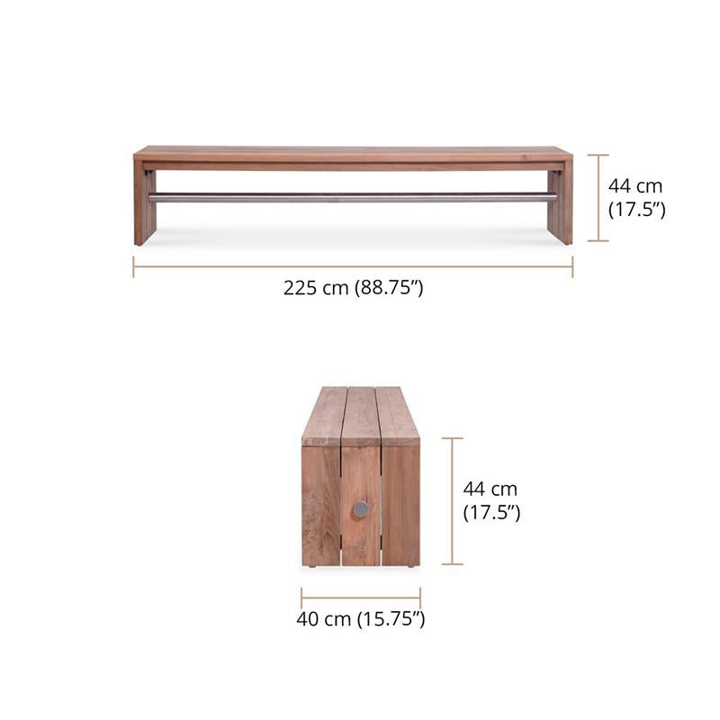 Clio garden bench without backrest 225 cm recycled teak brushed and stainless steel