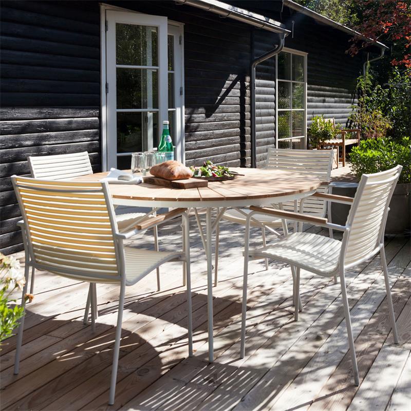 Ellen table 130cm round white aluminum powder-coated with teak table top