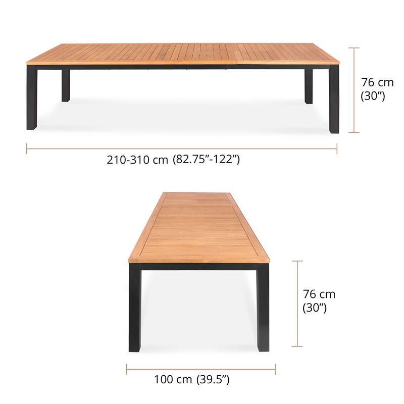 Florence aluminum front extending table 310/210x100x77 cm Certified Teak GRADE A with aluminum frame