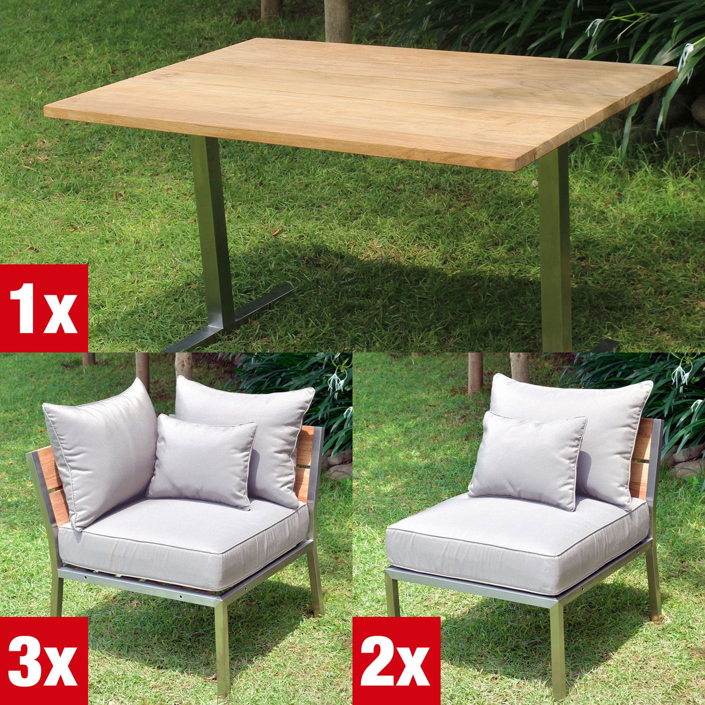 Ensemble de salle à manger et de salon Makan composé de : 1 table de salle à manger et de salon Planka 120 x 80 cm, 3 modules d'angle Makan Lounge, 2 modules centraux Makan Lounge avec coussins d'assise et de dossier en tissu Sunproof