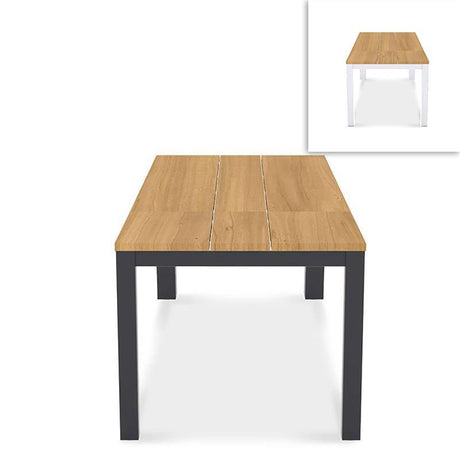 Planka aluminum front extending table set 250 consisting of Planka aluminum front extending table 250/180 x 90 Teak Grade A brushed with aluminum frame and Gazelig stacking chairs made of aluminum and Batyline