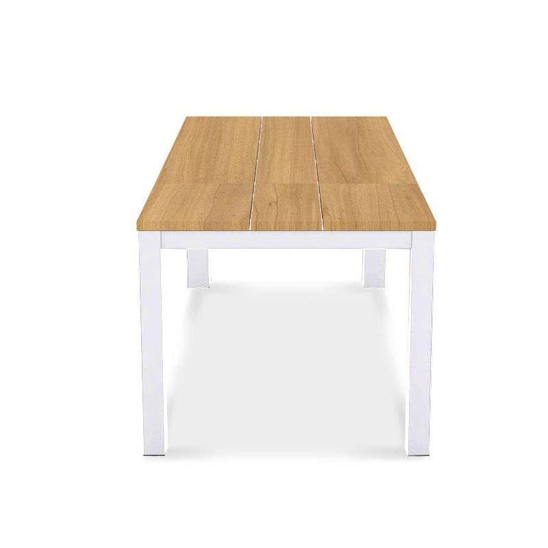 Planka aluminum front extending table set 250 consisting of Planka aluminum front extending table 250/180 x 90 Teak Grade A brushed with aluminum frame and Gazelig stacking chairs made of aluminum and Batyline