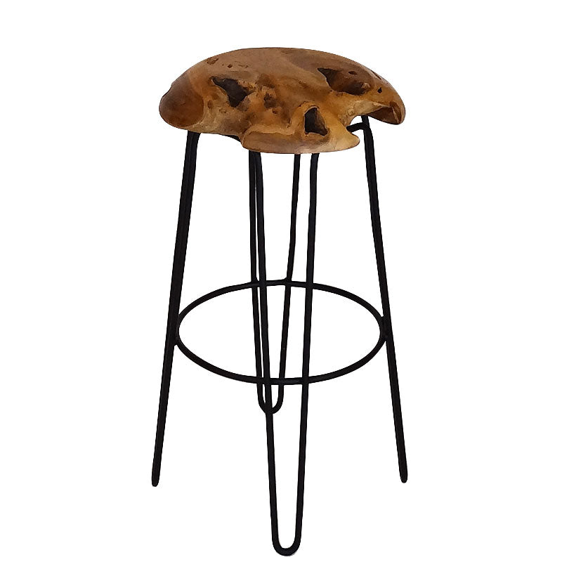 Tabouret de bar en teck Root en bois de racine de teck massif, finition naturelle - avec pieds en acier