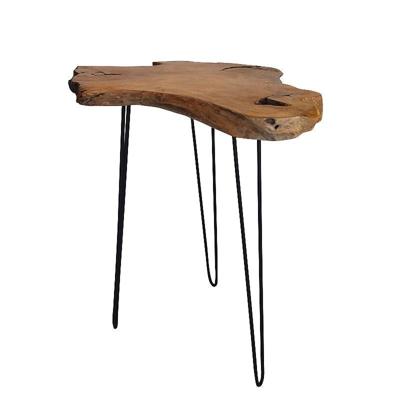 Table de bar en teck Root en bois de racine de teck massif, finition naturelle - avec pieds en acier