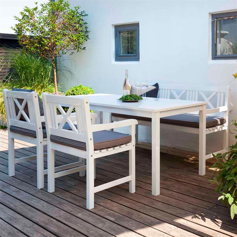Rosenborg garden set - table + bench + 2x chairs - certified mahogany wood, glossy white lacquered
