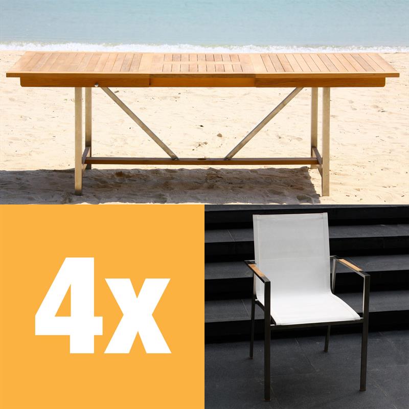 Alzette extendable table set 220 consisting of Moselle extendable table 220/160 x 100 teak with stainless steel frame and Alzette stackable chairs teak with Batyline covering