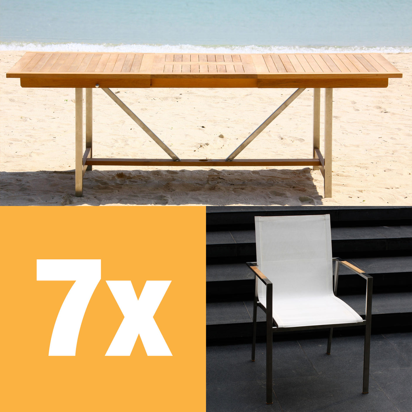 Alzette extendable table set 220 consisting of Moselle extendable table 220/160 x 100 teak with stainless steel frame and Alzette stackable chairs teak with Batyline covering
