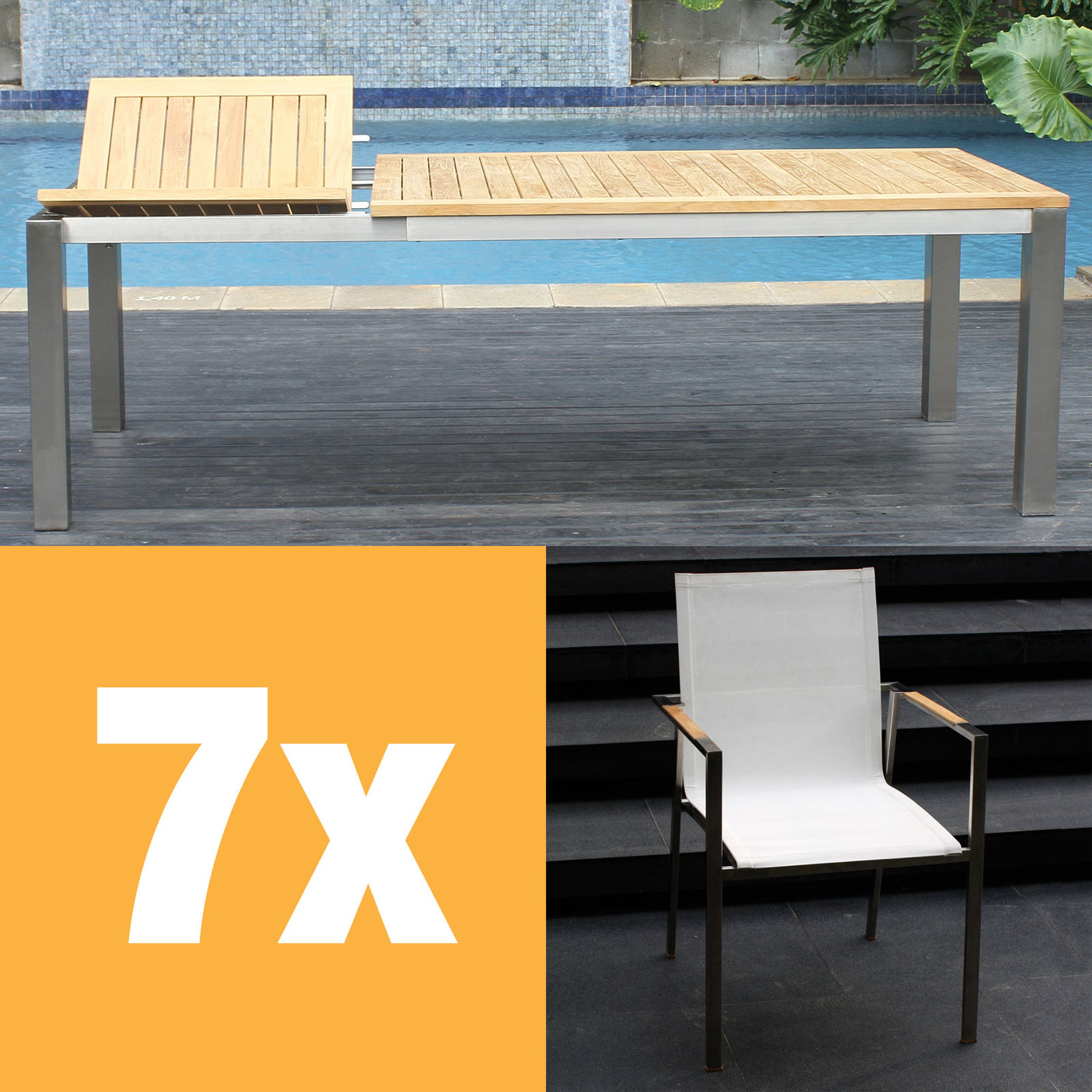 Alzette front extending table set 230 consisting of Florence front extending table 230/160 x 100 teak with stainless steel frame and Alzette stacking chairs stainless steel with Batyline covering