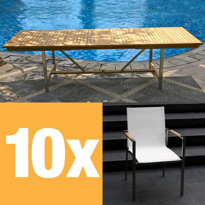 Alzette extendable table set 280 consisting of Moselle double extendable table 280/235/190 and Alzette stacking chairs