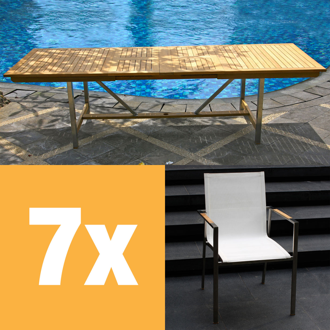 Alzette extendable table set 280 consisting of Moselle double extendable table 280/235/190 and Alzette stacking chairs