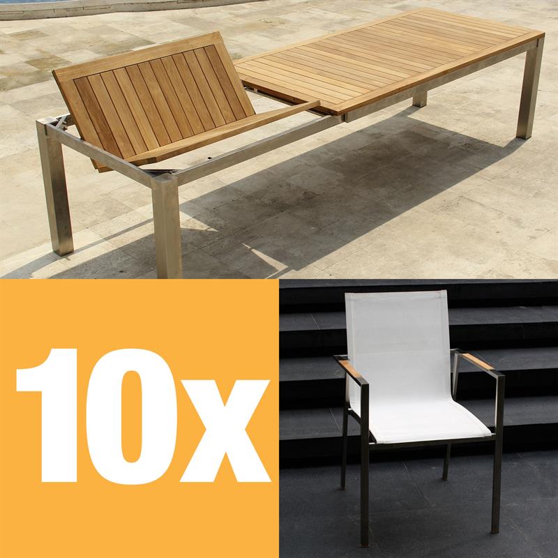 Alzette front extending table set 310 consisting of Florence front extending table 310/210 x 100 teak with stainless steel frame and Alzette stacking chairs stainless steel with Batyline covering