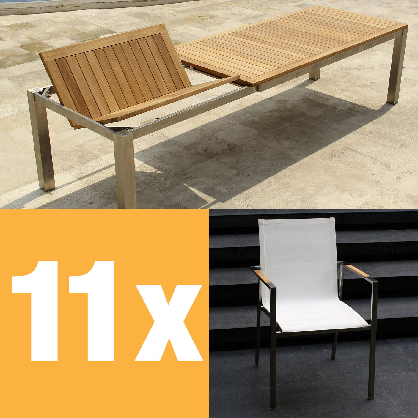 Alzette front extending table set 310 consisting of Florence front extending table 310/210 x 100 teak with stainless steel frame and Alzette stacking chairs stainless steel with Batyline covering