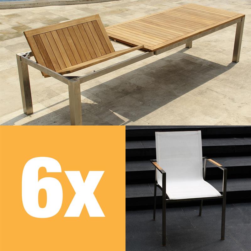 Alzette front extending table set 310 consisting of Florence front extending table 310/210 x 100 teak with stainless steel frame and Alzette stacking chairs stainless steel with Batyline covering