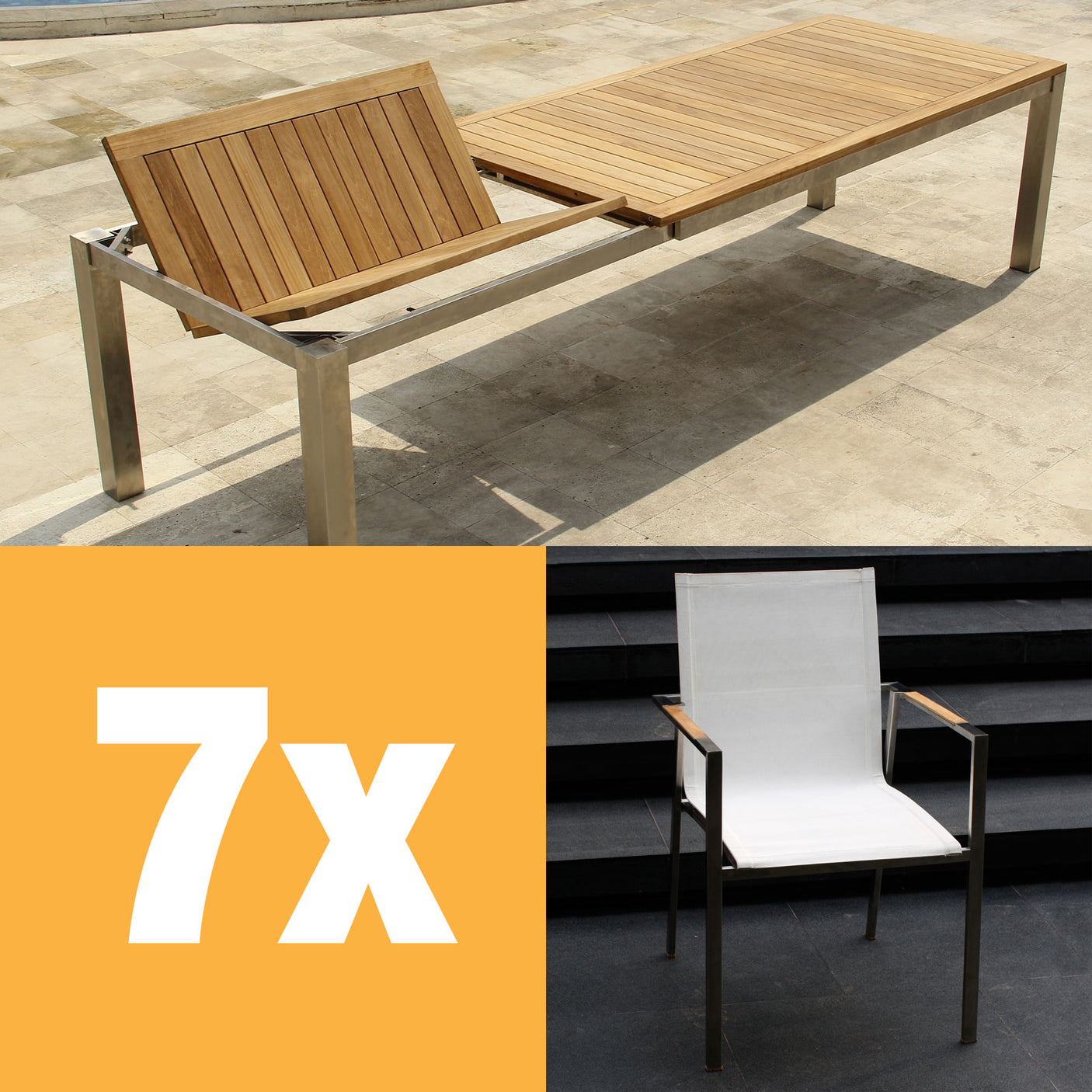 Alzette front extending table set 310 consisting of Florence front extending table 310/210 x 100 teak with stainless steel frame and Alzette stacking chairs stainless steel with Batyline covering