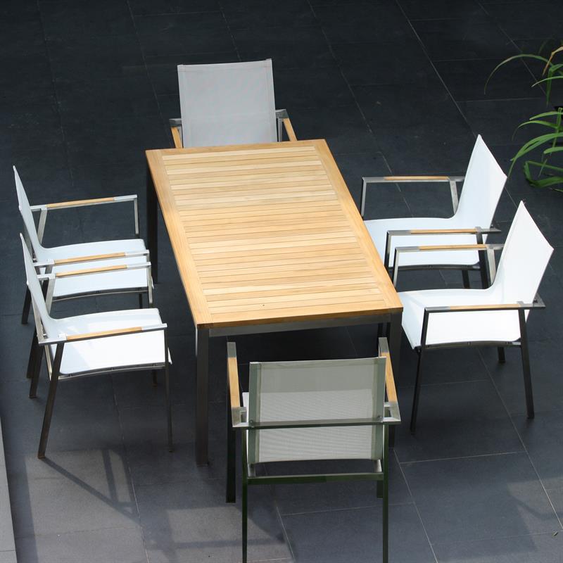 Alzette Set 160 consisting of Florence dining table 160 x 90 teak with stainless steel frame and Alzette stacking chairs teak with Batyline covering