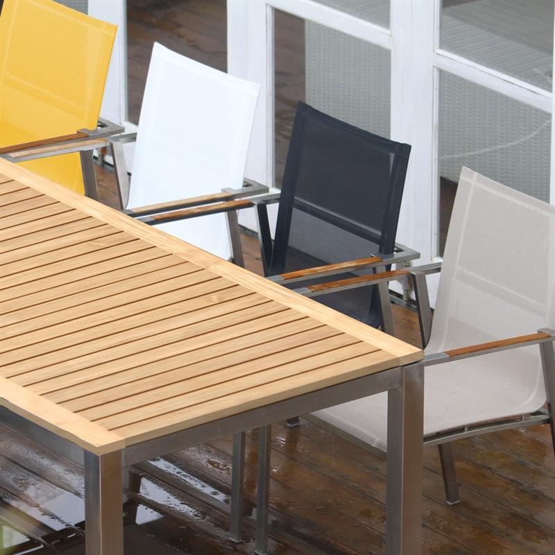 Alzette front extending table set 310 consisting of Florence front extending table 310/210 x 100 teak with stainless steel frame and Alzette stacking chairs stainless steel with Batyline covering