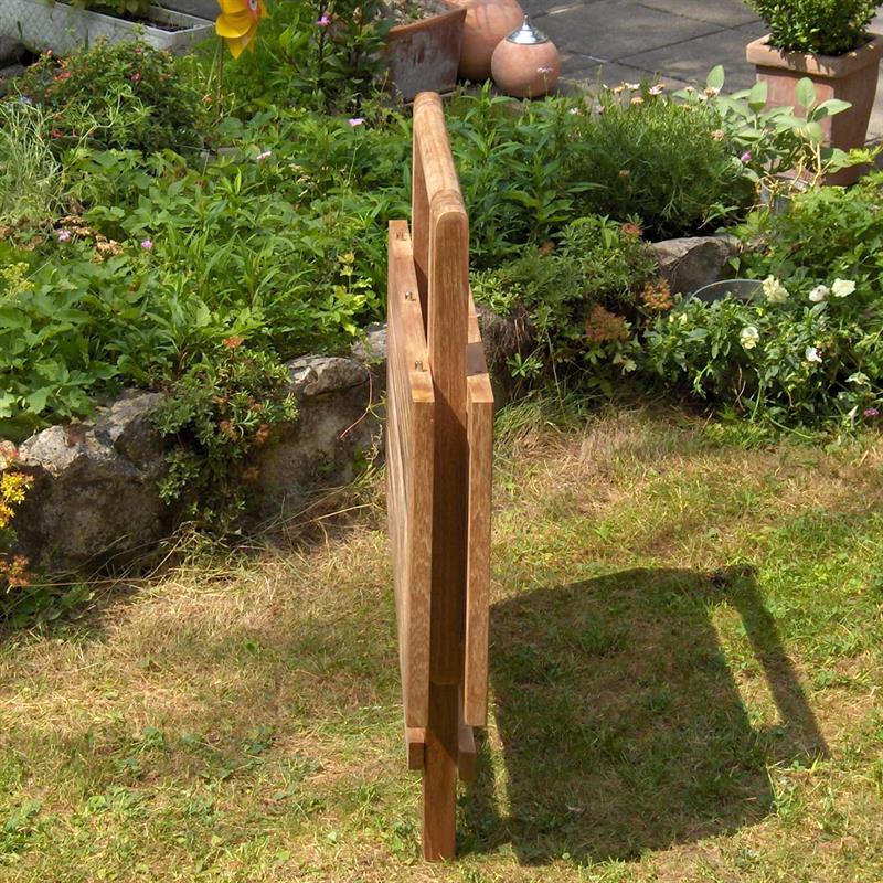 Comforteck Falt Set 85 bestehend aus Comforteck Klapptisch mit halbierter Platte 85x85 mit Picnic Mechanismus und Comforteck Faltstühlen mit Armlehnen Teak mit Edelstahlbeschlägen