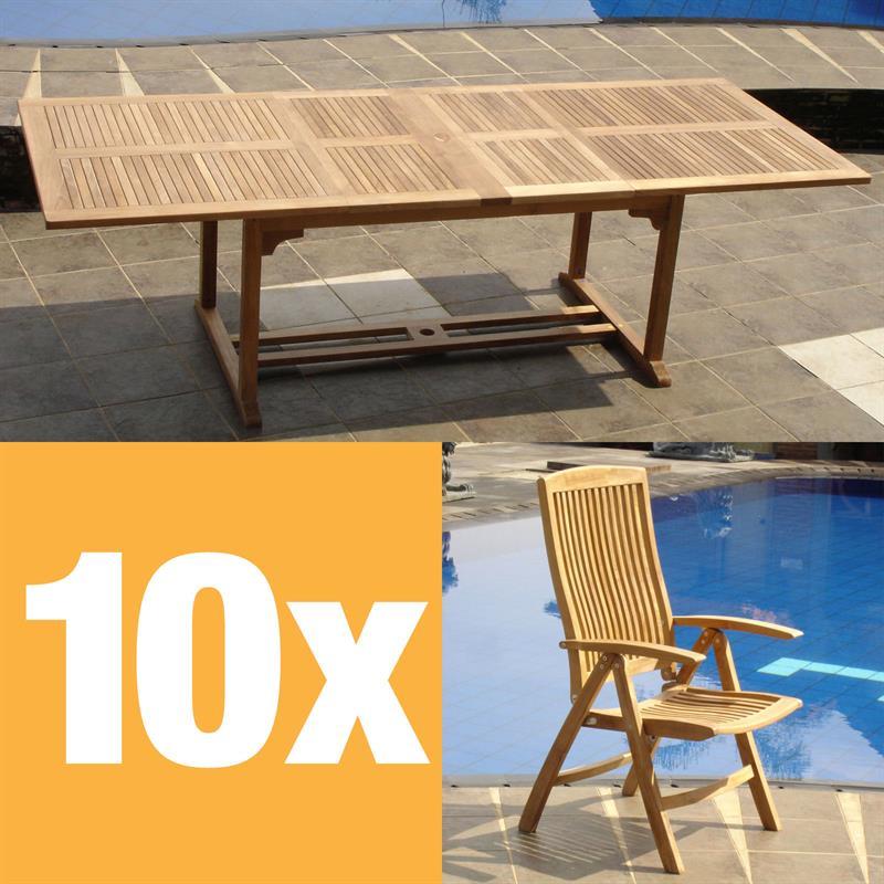 Comforteck Set 260 consisting of Comforteck double extension table 260/220/180x105 and Comforteck high-back chair Teak Grade A with stainless steel fittings