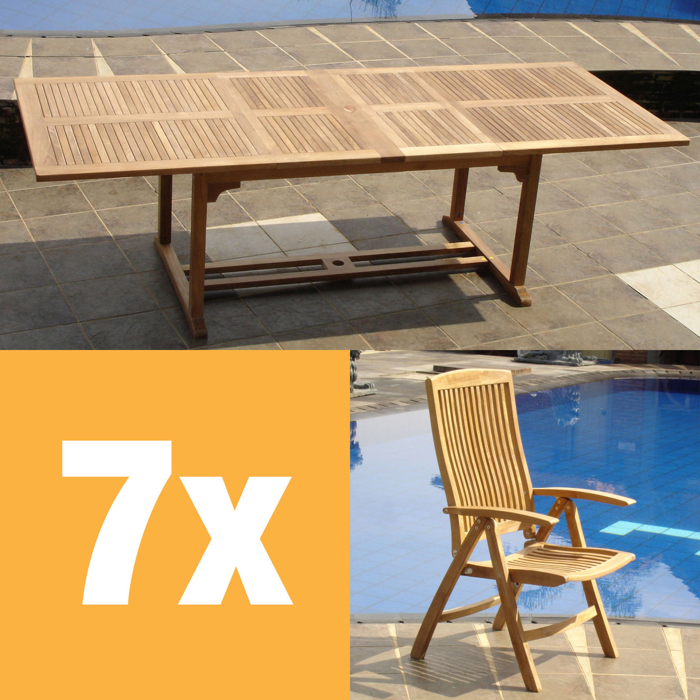 Comforteck Set 260 consisting of Comforteck double extension table 260/220/180x105 and Comforteck high-back chair Teak Grade A with stainless steel fittings