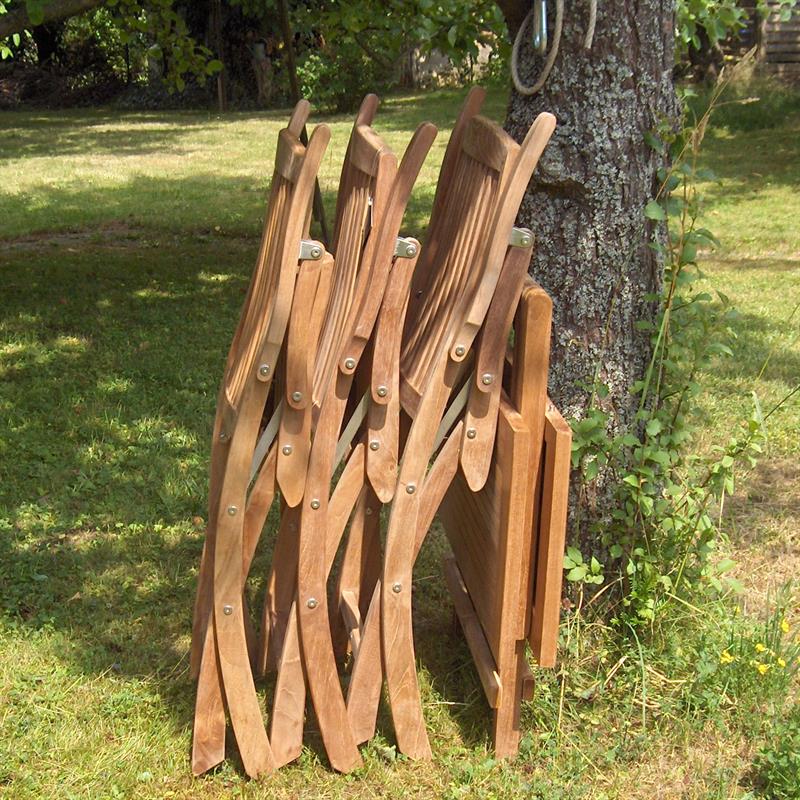 Comforteck Falt Set 85 bestehend aus Comforteck Klapptisch mit halbierter Platte 85x85 mit Picnic Mechanismus und Comforteck Faltstühlen mit Armlehnen Teak mit Edelstahlbeschlägen