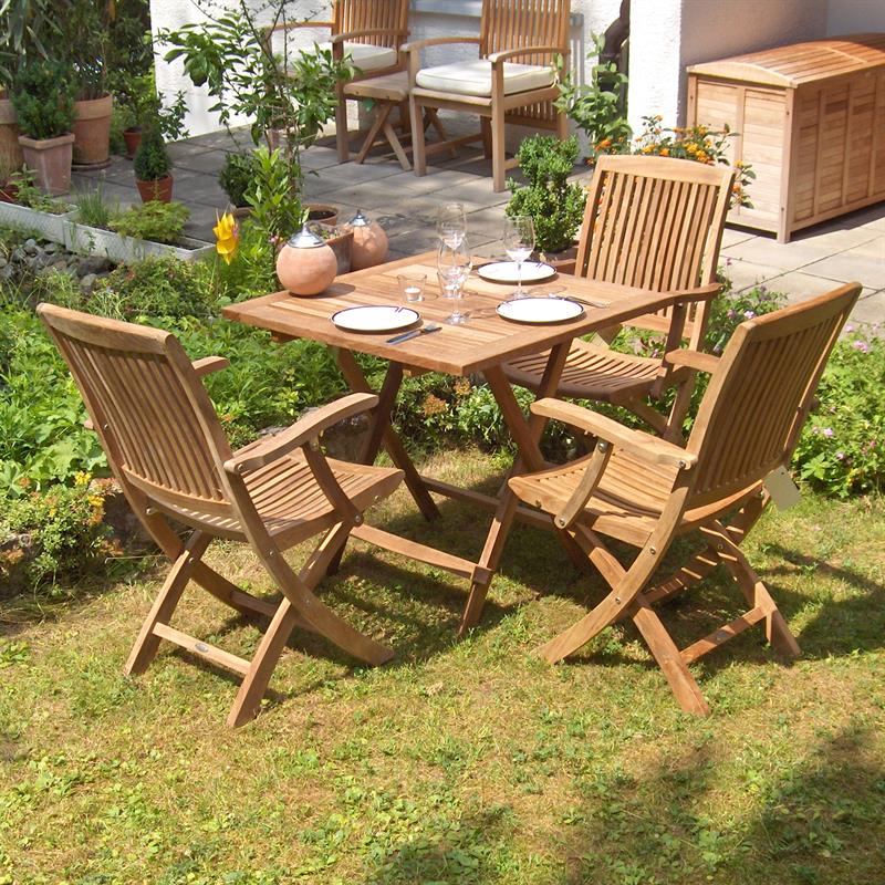 Comforteck Falt Set 85 bestehend aus Comforteck Klapptisch mit halbierter Platte 85x85 mit Picnic Mechanismus und Comforteck Faltstühlen mit Armlehnen Teak mit Edelstahlbeschlägen