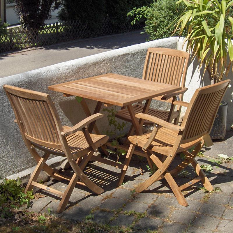 Comforteck Falt Set 85 bestehend aus Comforteck Klapptisch mit halbierter Platte 85x85 mit Picnic Mechanismus und Comforteck Faltstühlen mit Armlehnen Teak mit Edelstahlbeschlägen