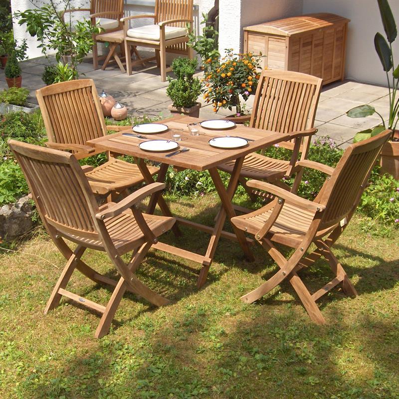 Comforteck Falt Set 85 bestehend aus Comforteck Klapptisch mit halbierter Platte 85x85 mit Picnic Mechanismus und Comforteck Faltstühlen mit Armlehnen Teak mit Edelstahlbeschlägen