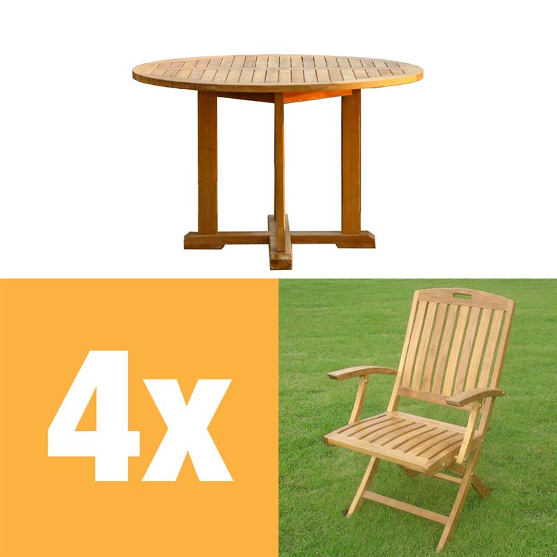 Denver Set 120 consisting of Denver Round Table 120 and Denver Folding Chair with armrests Teak with brass fittings