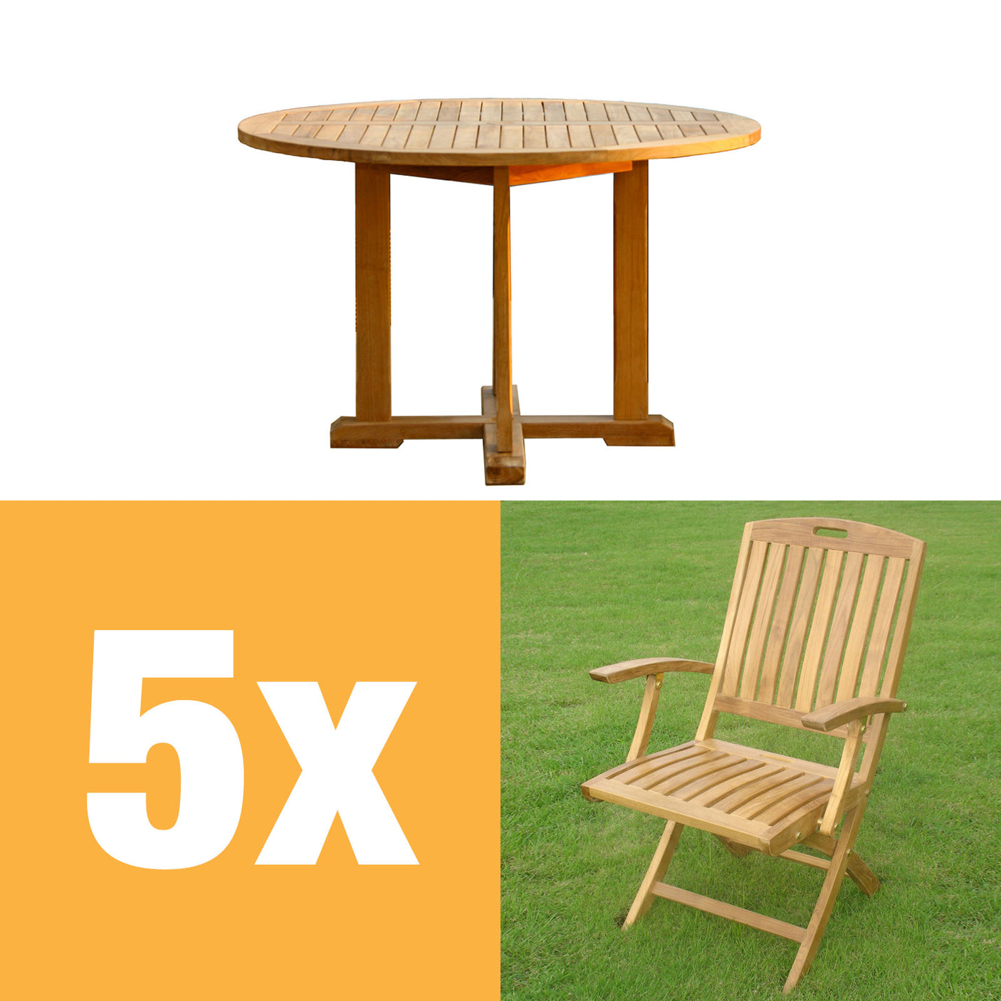 Denver Set 120 consisting of Denver Round Table 120 and Denver Folding Chair with armrests Teak with brass fittings