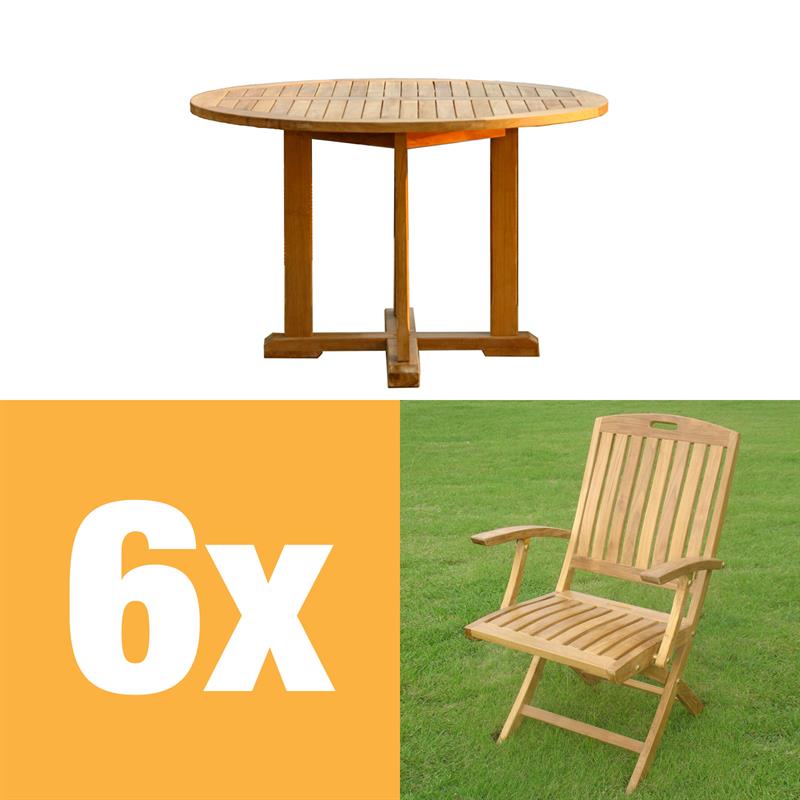 Denver Set 120 consisting of Denver Round Table 120 and Denver Folding Chair with armrests Teak with brass fittings