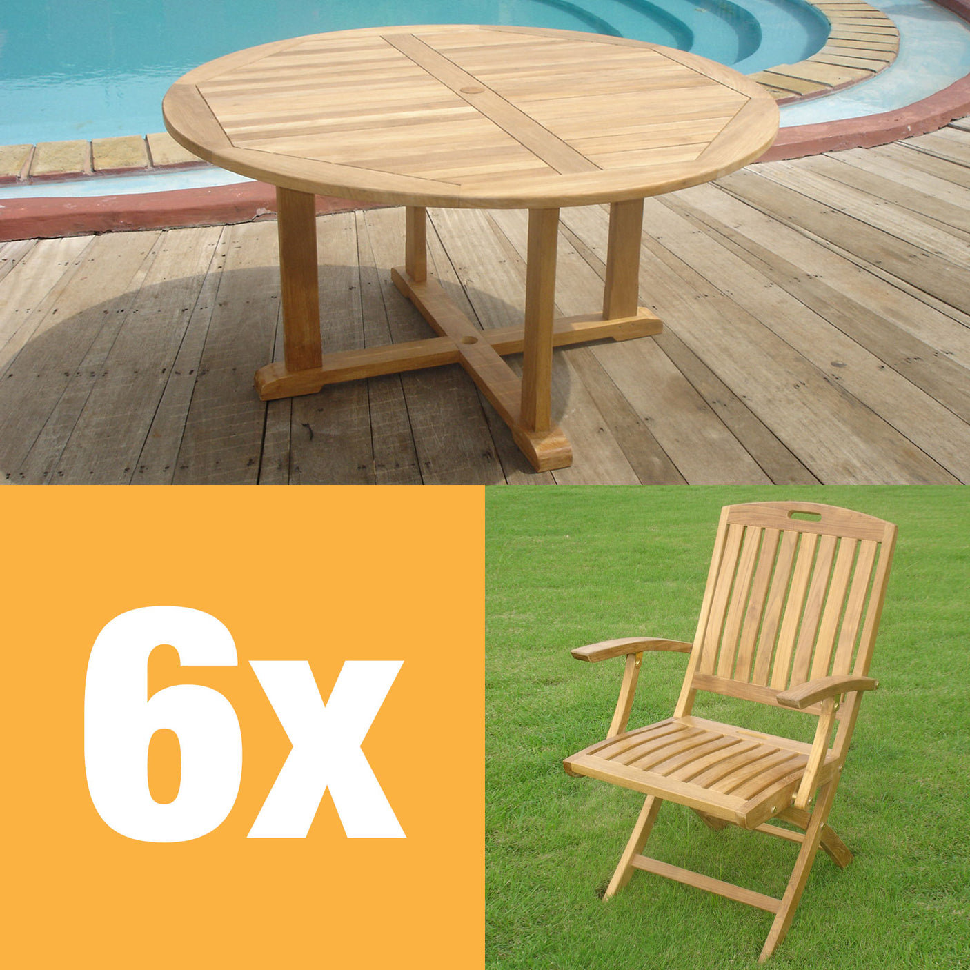 Denver Set 150 consisting of Denver Round Table 150 and Denver folding chairs with armrests teak with brass fittings