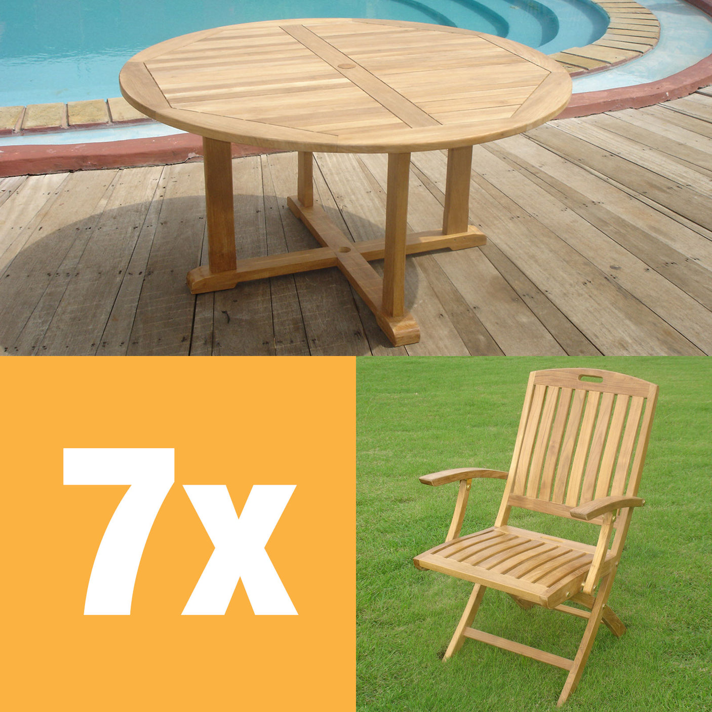 Denver Set 150 consisting of Denver Round Table 150 and Denver folding chairs with armrests teak with brass fittings
