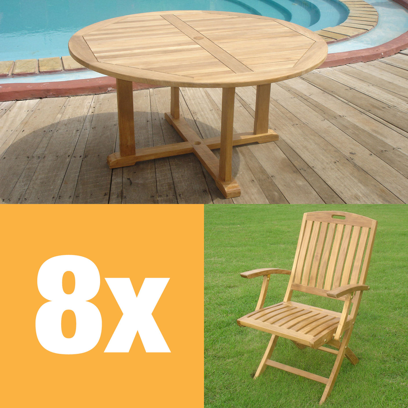 Denver Set 150 consisting of Denver Round Table 150 and Denver folding chairs with armrests teak with brass fittings