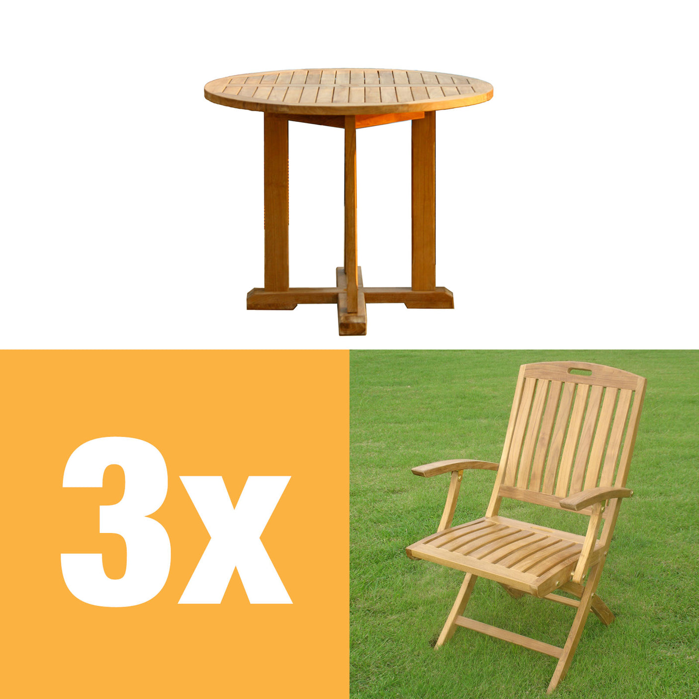 Denver Set 80 consisting of Denver Round Table 80 and Denver folding chairs with armrests teak with brass fittings