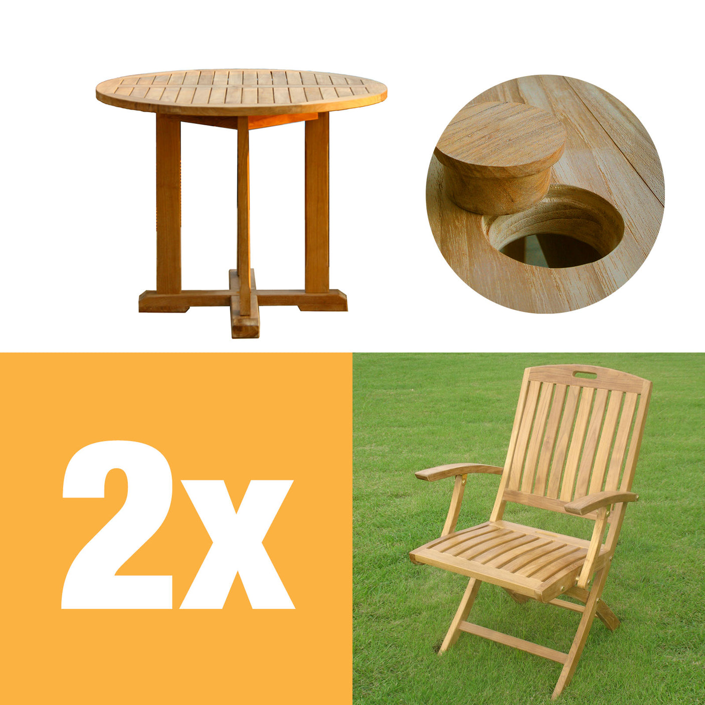 Denver Set 80 consisting of Denver Round Table 80 and Denver folding chairs with armrests teak with brass fittings