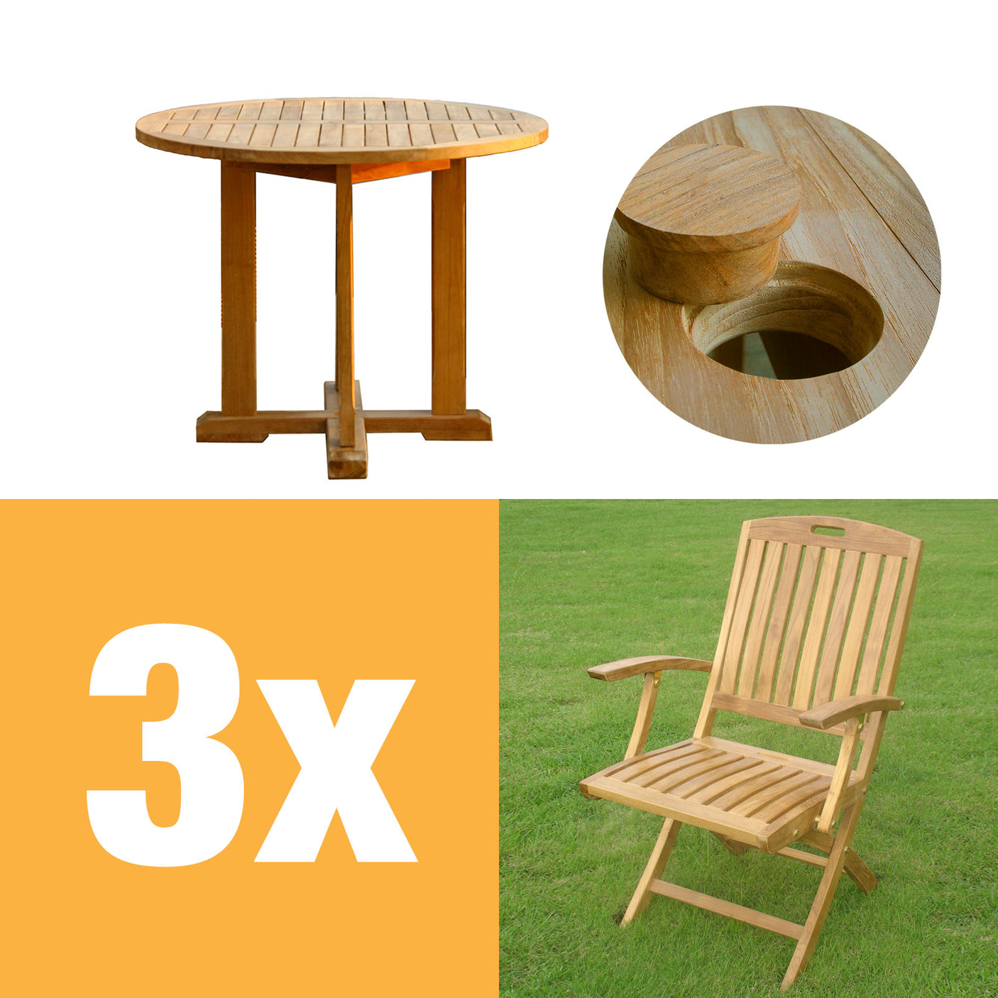 Denver Set 80 consisting of Denver Round Table 80 and Denver folding chairs with armrests teak with brass fittings