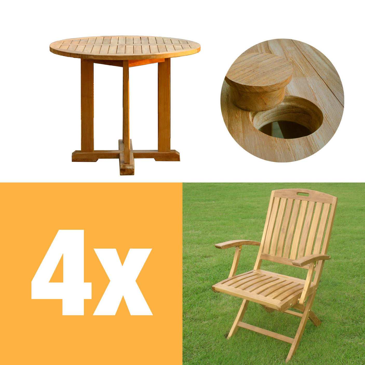 Denver Set 80 consisting of Denver Round Table 80 and Denver folding chairs with armrests teak with brass fittings
