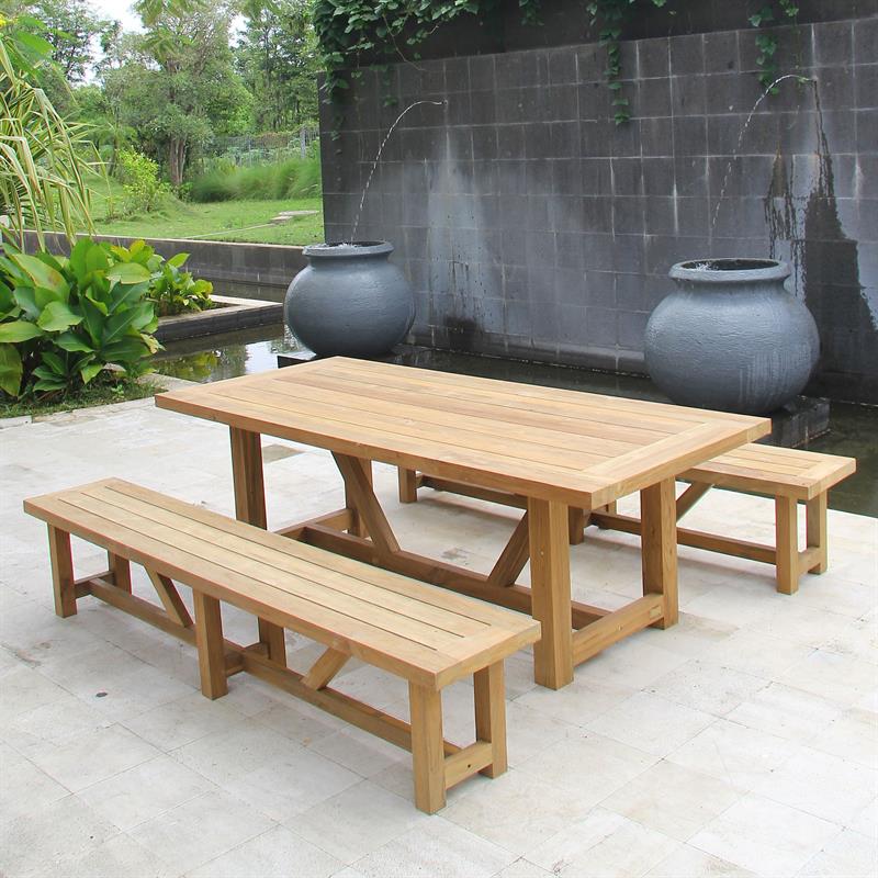 Banc de jardin vigneron sans dossier 300 cm en teck 100% recyclé