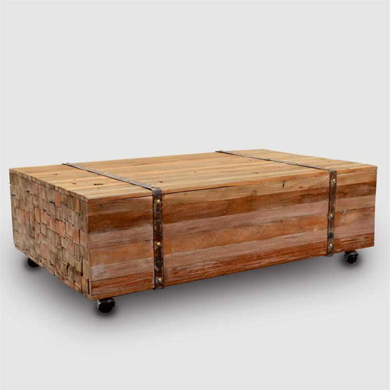 Teak table Reng "Iron Gustav" made of solid natural teak strips with wheels