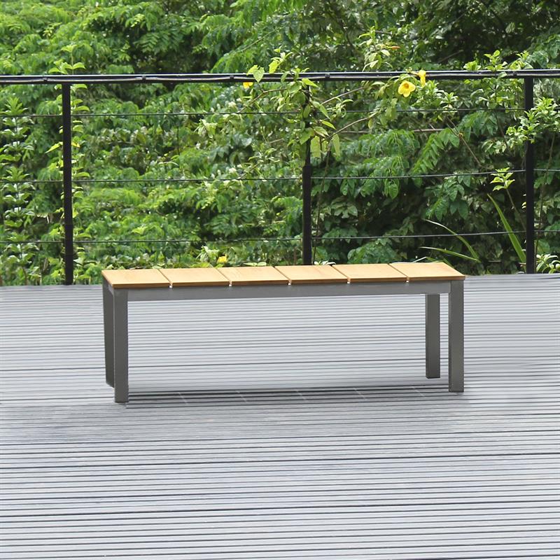 Fides bench set 150/2 consisting of Fides dining table 150 x 100 teak with stainless steel frame and 2 Fides garden benches without backrest 130 x 45cm teak with stainless steel
