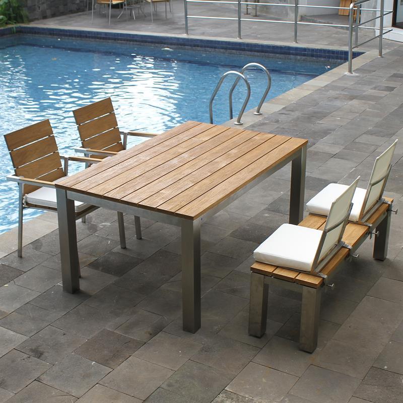 Fides Gartenbank ohne Rückenlehne 130 x 45cm Teak Grade A mit Edelstahl