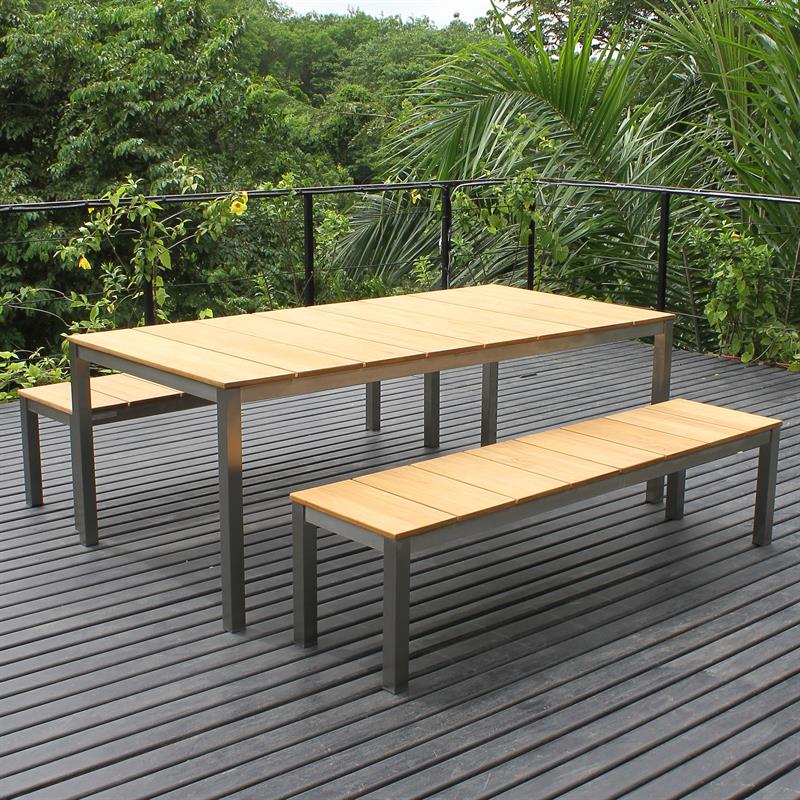 Fides bench set 200/2/2 Teak Grade A with stainless steel frame consisting of Fides dining table 200 x 100 and 2 Fides garden benches without backrest 180 x 45 with 2 Fides stools/side tables 45 x 45