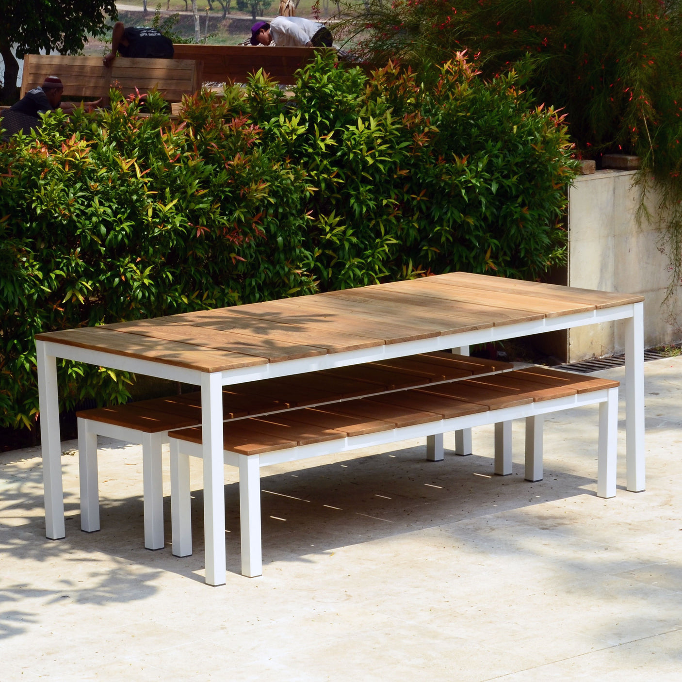 Fides Color Bank Set 200/2 Teak Grade A mit Aluminiumgestell bestehend aus 1 Tisch 200 x 100 mit 2 Gartenbänken 180 x 45