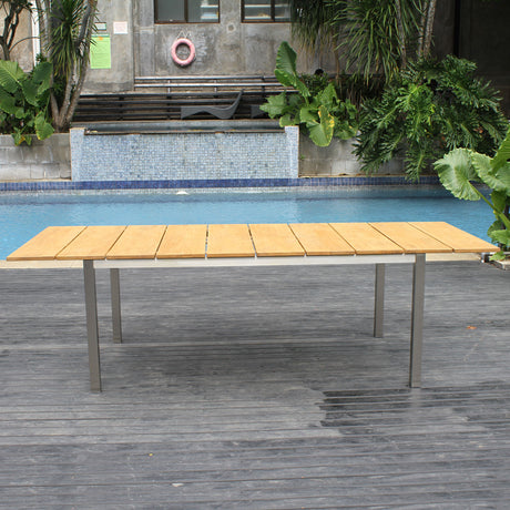 Fides stacking chair set 250 consisting of Fides extending table 250/175 x 100 and Fides stacking chairs Teak Grade A with stainless steel