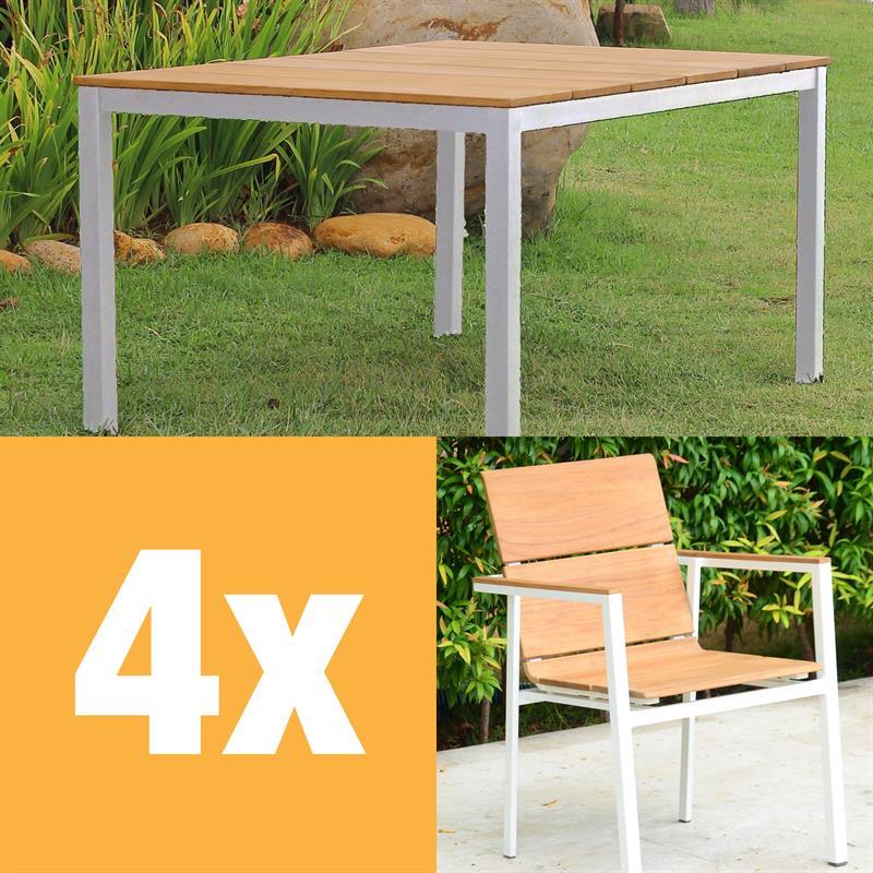 Fides Color Stapelstuhl Set 150 Teak Grade A mit Aluminiumgestell bestehend aus Fides Color  Tisch 150 x 100 und Fides Color Stapelstühlen