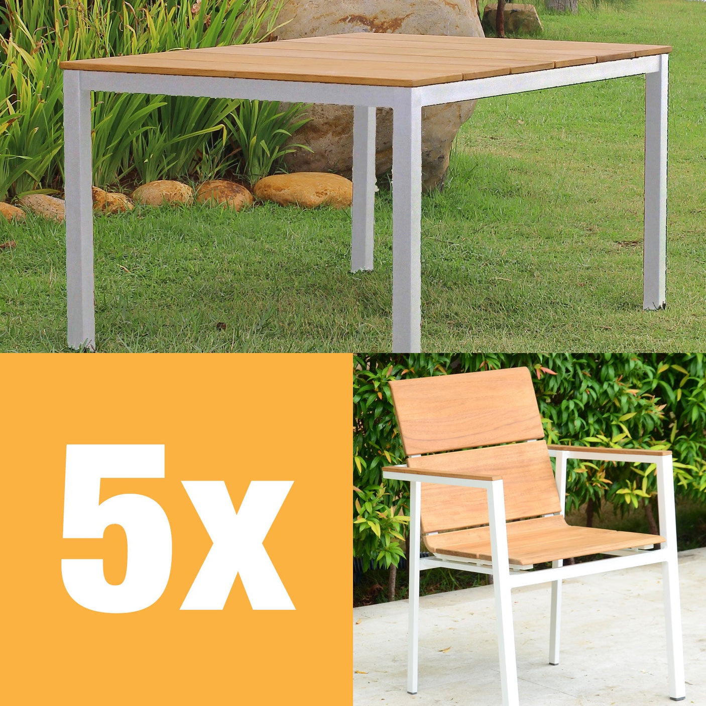 Fides Color Stapelstuhl Set 150 Teak Grade A mit Aluminiumgestell bestehend aus Fides Color  Tisch 150 x 100 und Fides Color Stapelstühlen