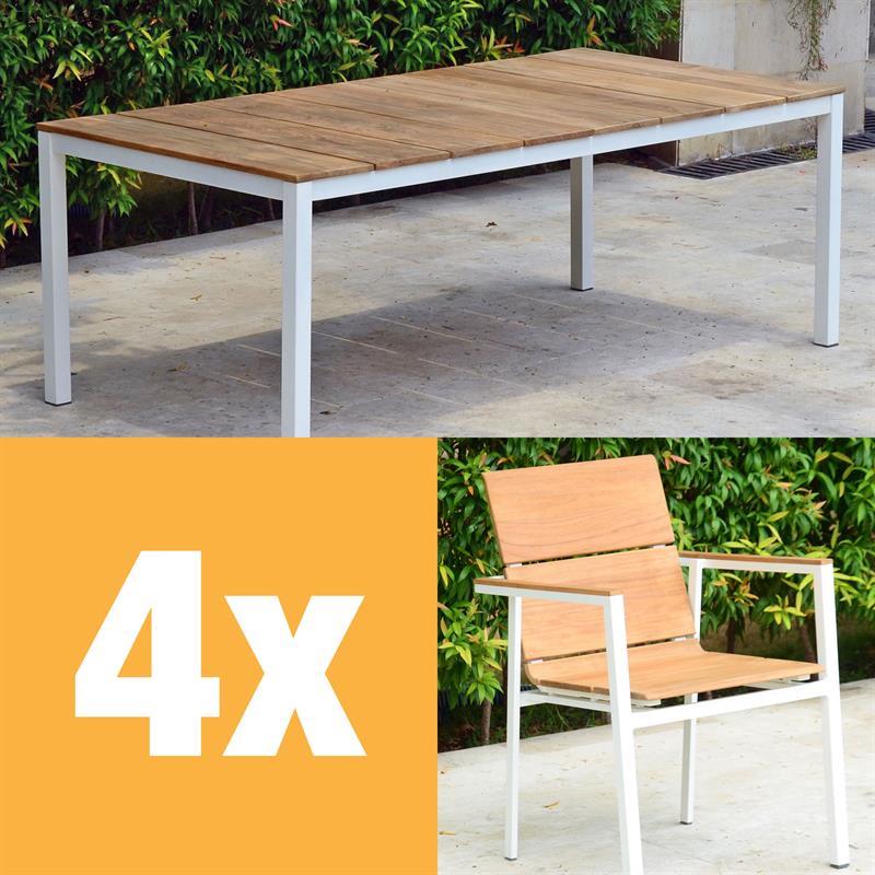 Ensemble de chaises empilables Fides Color 200 en teck de qualité A avec structure en aluminium composé d'une table Fides Color 200 x 100 avec des chaises empilables Fides Color