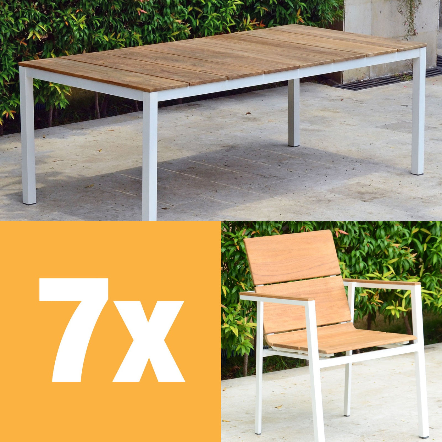 Ensemble de chaises empilables Fides Color 200 en teck de qualité A avec structure en aluminium composé d'une table Fides Color 200 x 100 avec des chaises empilables Fides Color